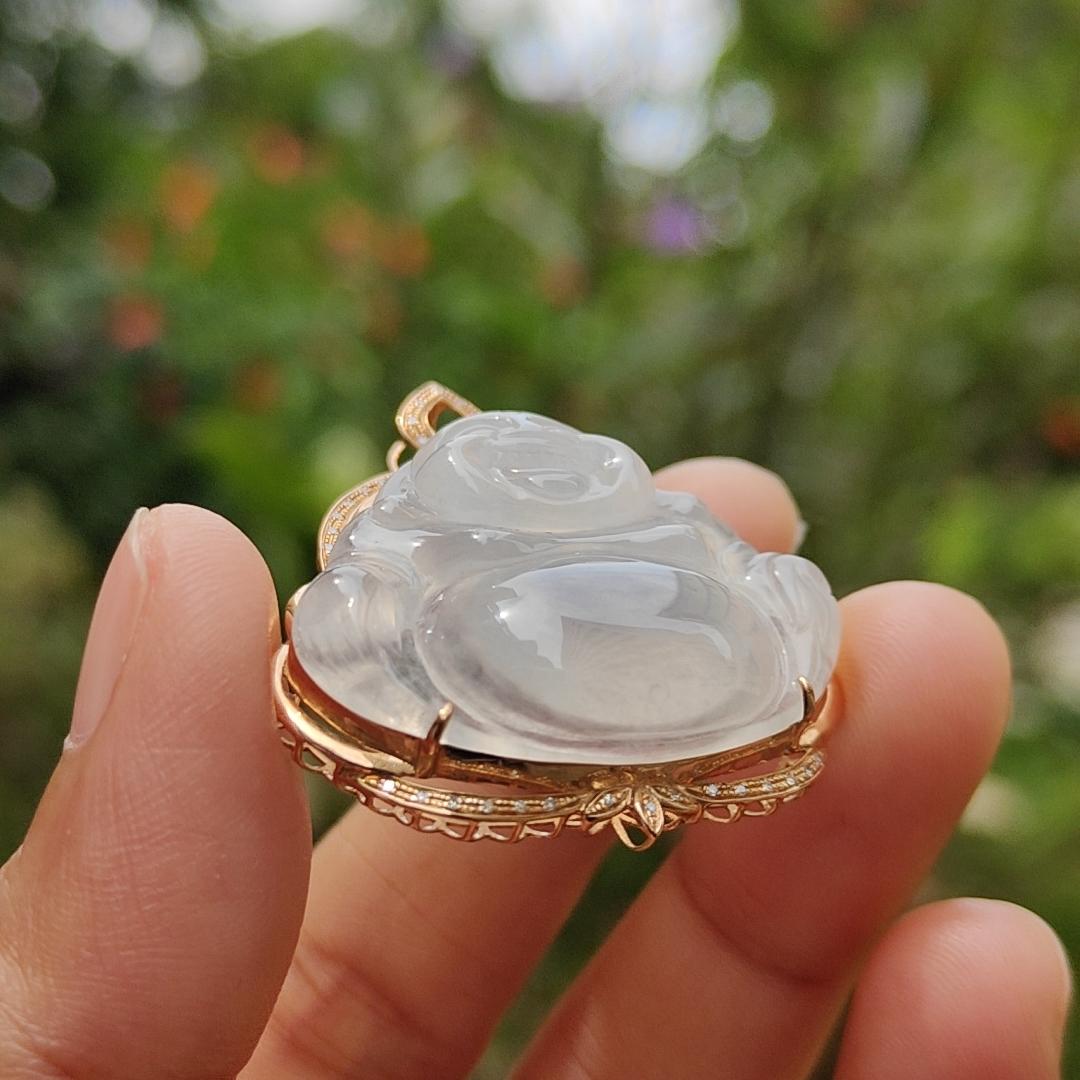 Icy Translucent Natural Type A Jadeite Jade crafted as Milo Buddha set on 18k gold with diamonds as Pendant Necklace, certificate included weigh 9.62 grams, 37.6 * 33.8 * 10.8 mm (18kp13) Yi Pin Qian