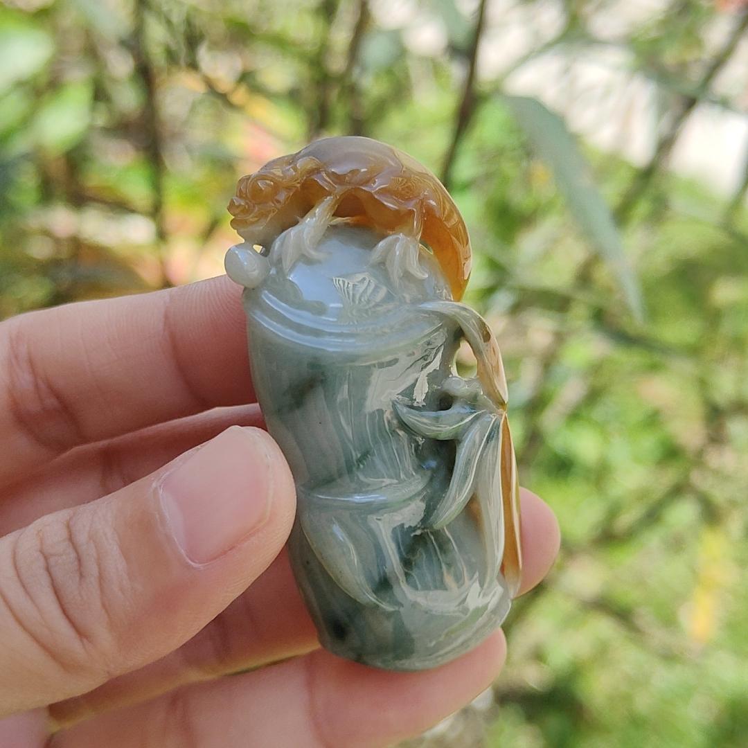 Premium Yellow and Floating Blueish Green (Piaohua) Natural Type A Jadeite Pendant Necklace crafted with Bamboo, Lizard symbols of Wealth, fortune, longevity and wisdom with certificate weigh 37.99 grams, 57.3 * 27.5 * 14.6 mm (pendant47) Yi Pin Qian