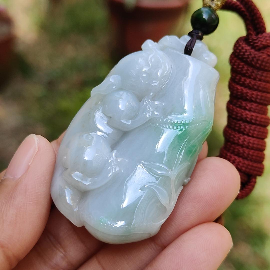 Green with yellow patches Natural Type A Jadeite Jade crafted as Bamboo with Pixiu as Pendant, certificate weigh 35.85 grams, measurement 52.3 * 31 * 12.2 mm (pendant223) Yi Pin Qian