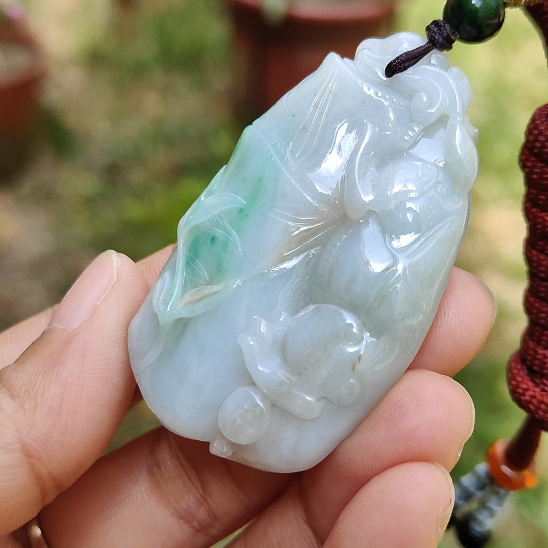 Green with yellow patches Natural Type A Jadeite Jade crafted as Bamboo with Pixiu as Pendant, certificate weigh 35.85 grams, measurement 52.3 * 31 * 12.2 mm (pendant223) Yi Pin Qian