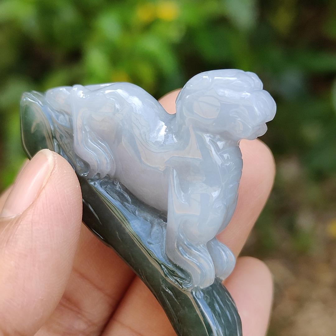 Lavender and Green Natural Type A Jadeite Handheld Piece crafted with Pixiu meaning rich, happiness and good luck with certificate weight 29.97 grams, 61.30 * 10.70 * 34.60 mm, also suitable for display anywhere at home, car or office (hand1) Yi Pin Qian