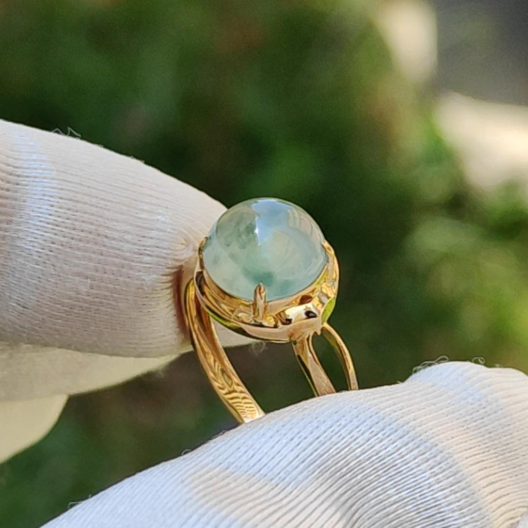 Icy Floating Green Patches Cabochon Natural Type A Jadeite Jade set on 18k gold as a ring with certificate weigh 2.06 grams, measurement 8.9 * 8.8 * 4.2 mm, finger size 16.8 mm (18kring19) Yi Pin Qian