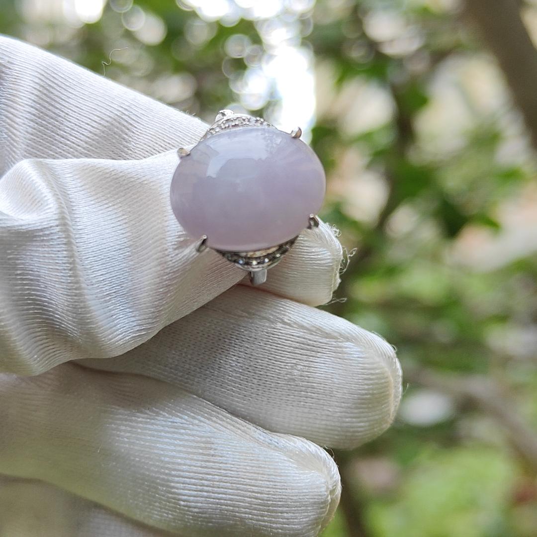 S925 Setting with Lavender Cabochon 15.6 * 12.3 * 5.2 mm Natural Type A Jadeite Jade Ring with certificate weigh 3.23 grams, finger size adjustable (s925ring4) Yi Pin Qian