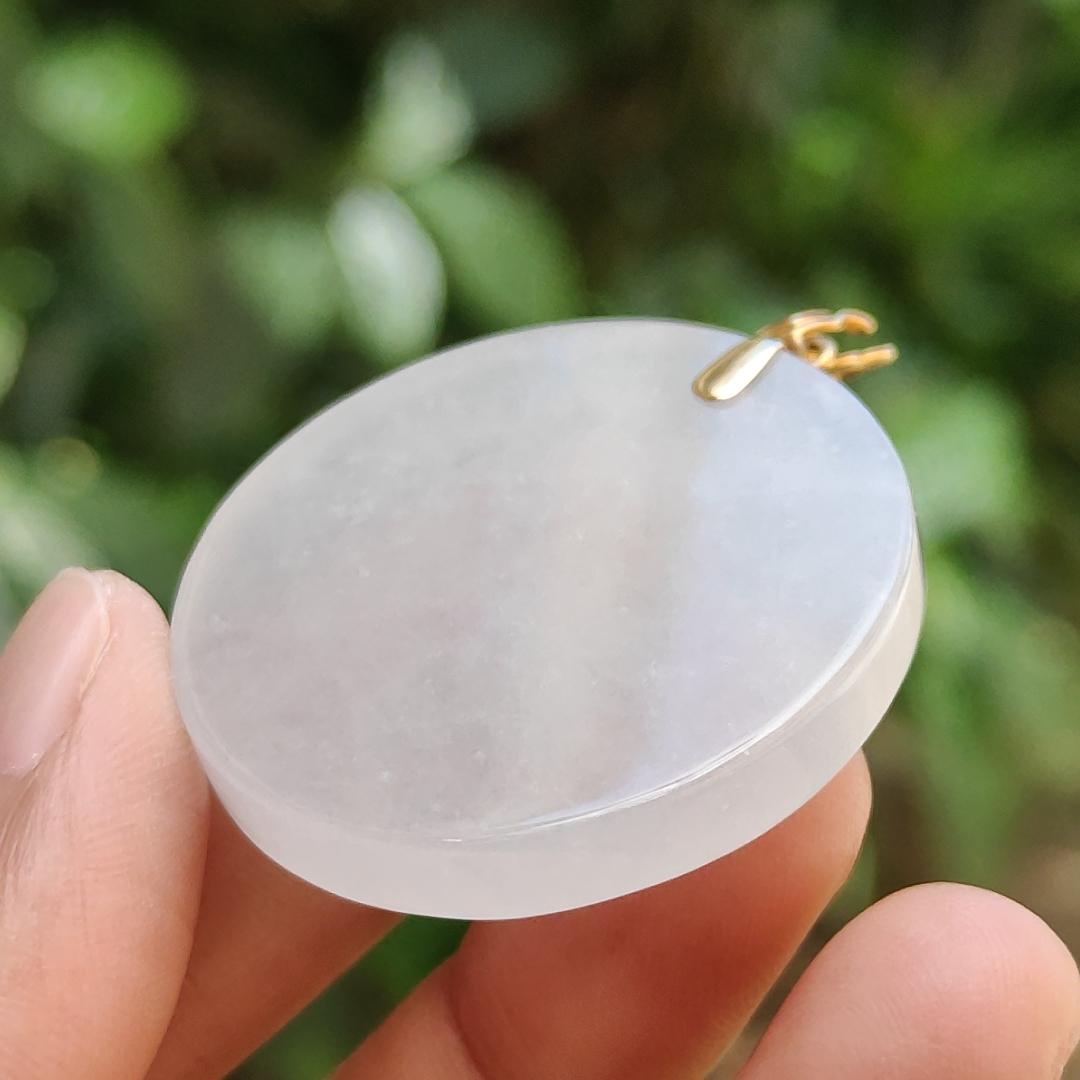 Mid-Year Special - Semi Icy Translucent Natural Type A Jadeite Jade crafted with round shape as Pendant with 18k Gold Clasp, certificate weigh 18.24 grams, measurement 35.2 * 5.5 mm (18kp32) Yi Pin Qian