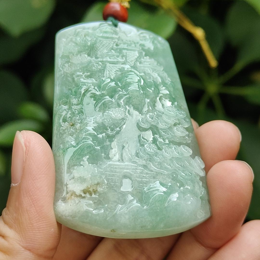 Crafted with Sceneries Pendant on Light Green Natural Type A Jadeite Jade, certificate weighs 63.08 grams, measurement 68.5 * 41.1 * 10.7 mm (pendant350) Yi Pin Qian Jadeites Jade Jewelry ~Your Precious Quintessential ~ Singapore