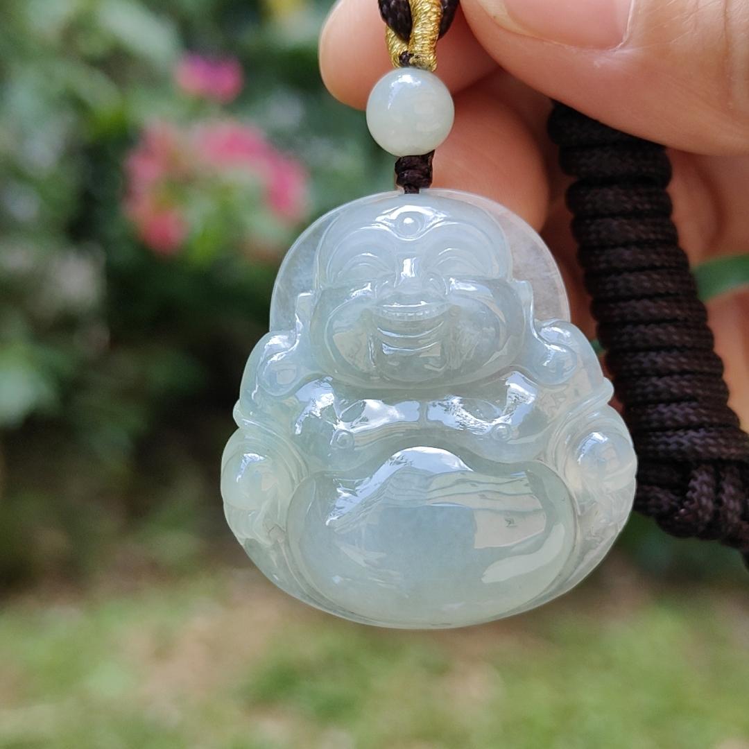 Premium Quality with good density and light green bluish hue Natural Type A Jadeite Pendant Necklace crafted with Laughing Buddha, certificate included weigh 17.14 grams, 36.7 * 34.2 * 8.7 mm, a good collection or for your daily wear (pendant32) Yi Pin Qian