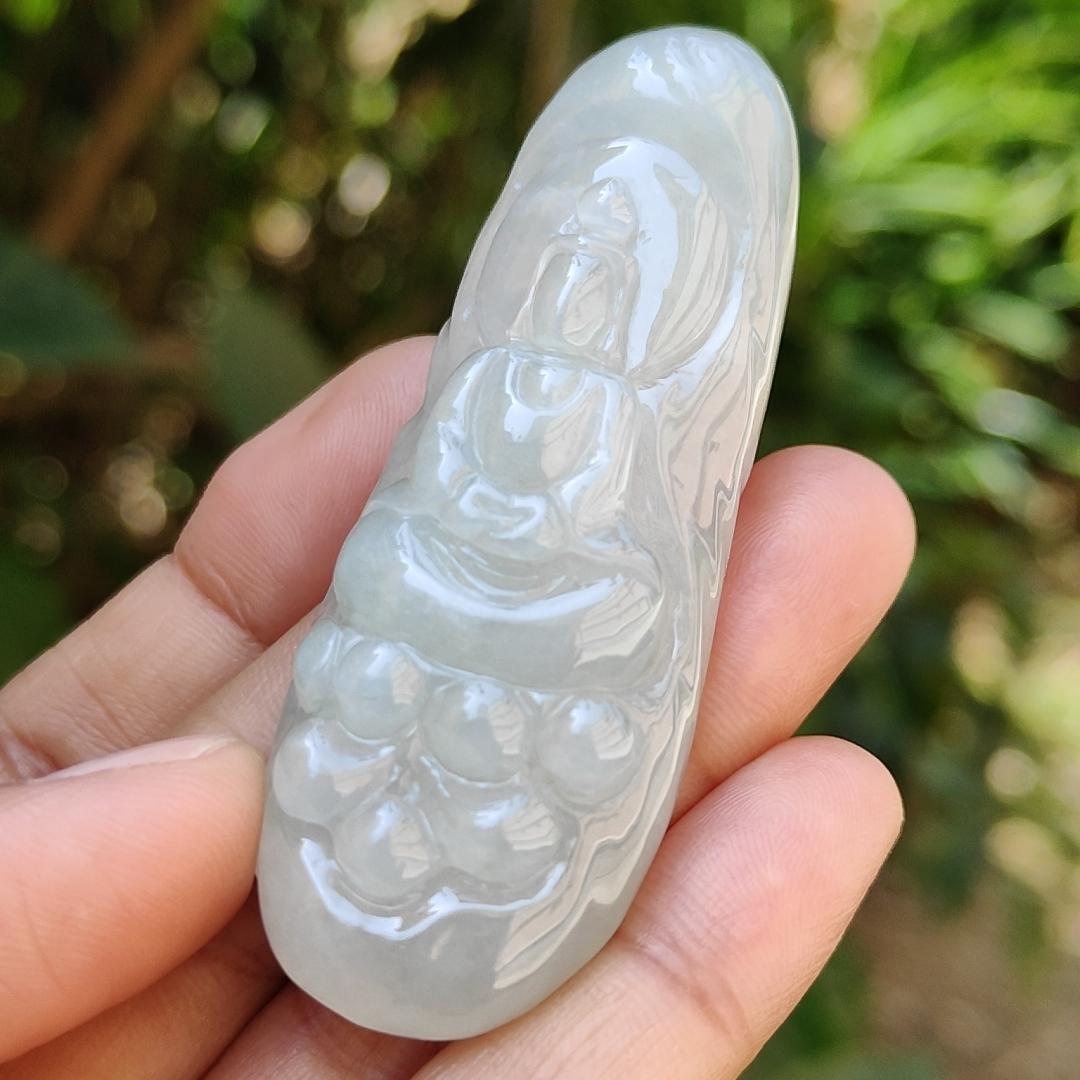 High Quality Light Green Hue Natural Type A Jadeite Jade crafted with Faceless Guanyin as Pendant, Certificate weighs 33.26 grams, measurement 63.8 * 23.6 * 12.2 mm (pendant237) Yi Pin Qian