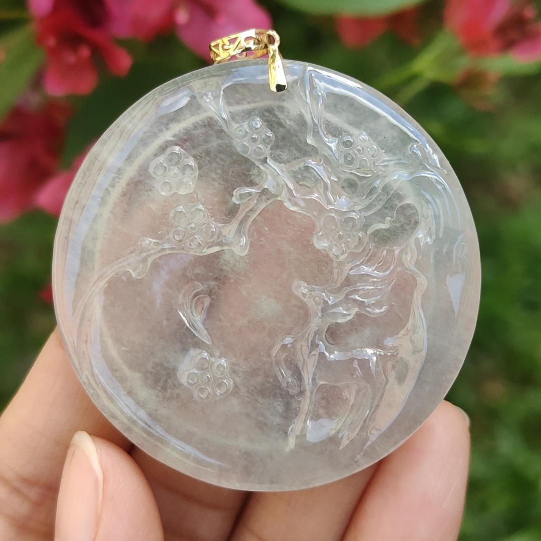High Premium Icy Variety Quality Natural Type A Jadeite Jade Pendant Necklace crafted as Deer meaning all the way with you with certificate weigh 21.24 grams, measurement 46.9 * 47 * 4.8 mm (18kp10) Yi Pin Qian