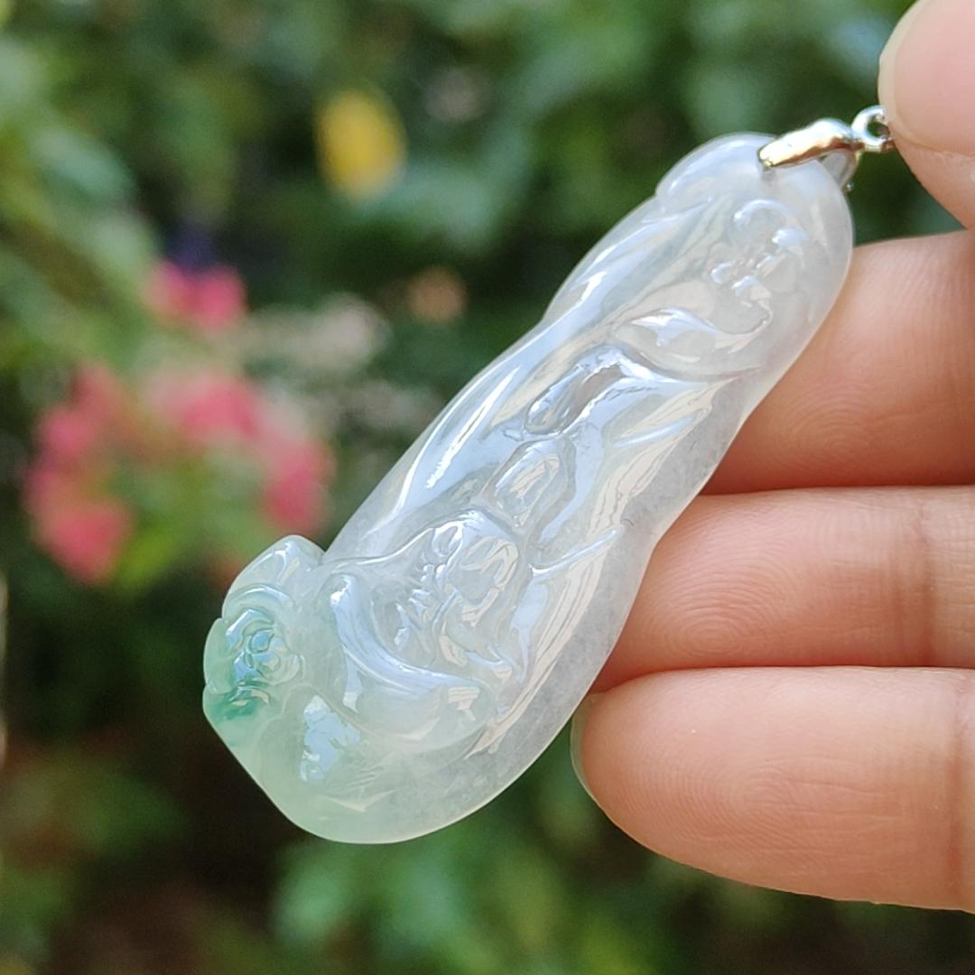 Icy variety Translucent with green Natural Type A Jadeite Pendant Necklace crafted as the faceless buddha with symbols of Holy and blessed blessings of wealth, prosperity and happiness with certificate weigh 11.02 grams, 49.9 * 19.9 * 7 mm (pendant34) Yi Pin Qian