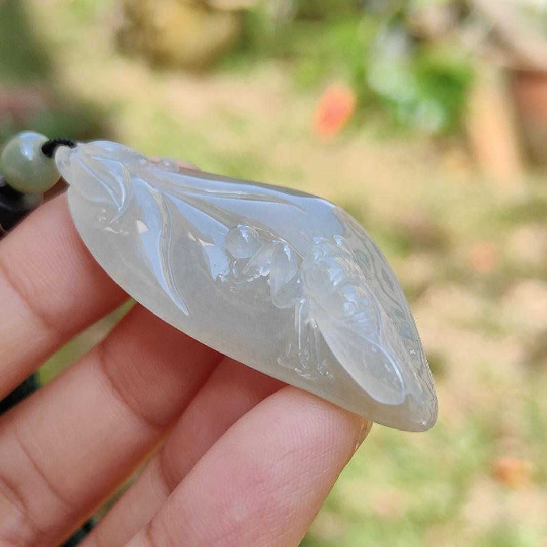 Icy Translucent with Yellow Patches Natural Type A Jadeite Jade crafted with leaf and Cicada as a Pendant, certificate weigh 13.68 grams, measurement 52 * 21.7 * 11.8 mm (pendant224) Yi Pin Qian