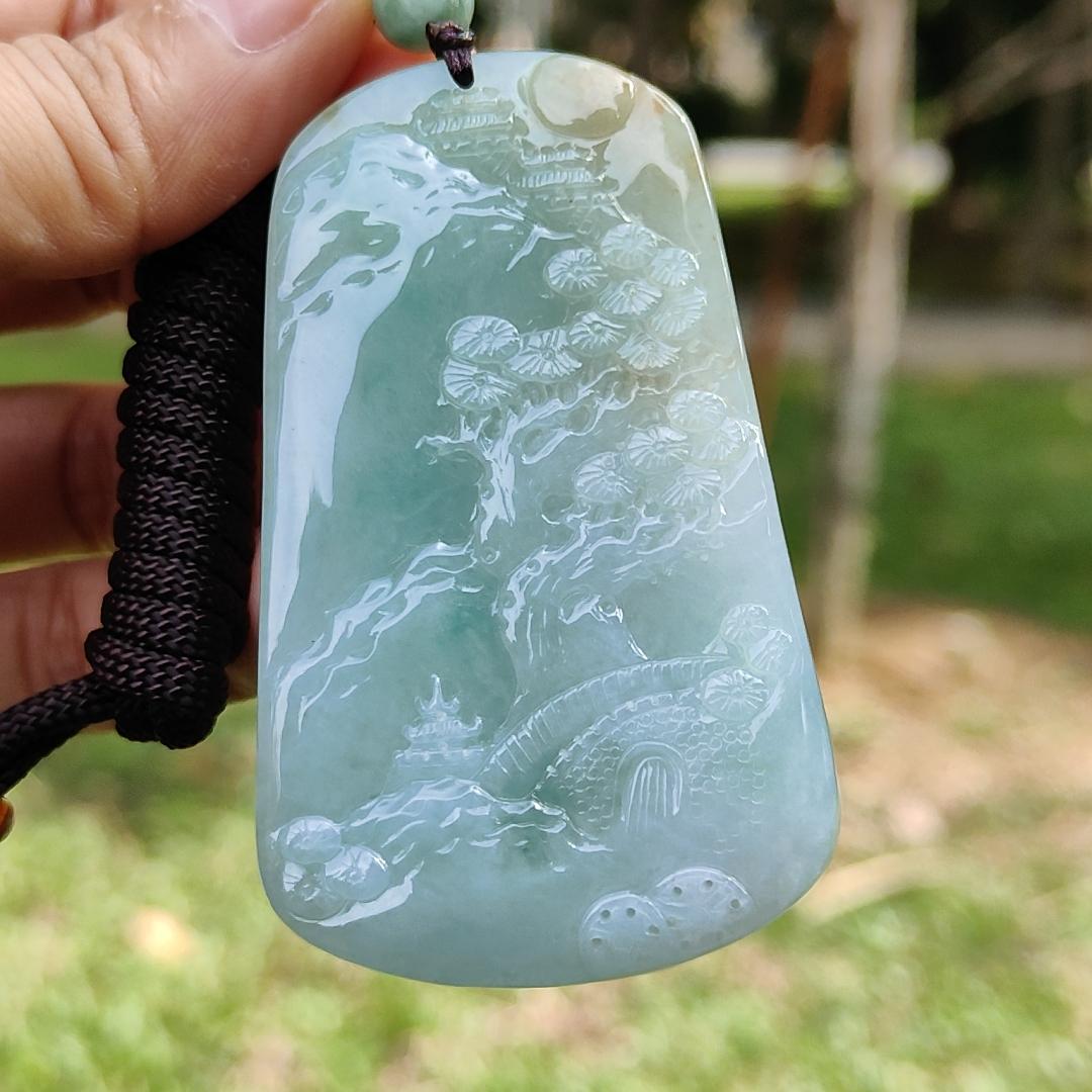 High Quality Light Green with Yellow Natural Type A Jadeite Jade crafted with sceneries as Pendant, certificate weighs 78.02 grams, measurement 66.1 * 40.5 * 13.3 mm (pendant280) Yi Pin Qian