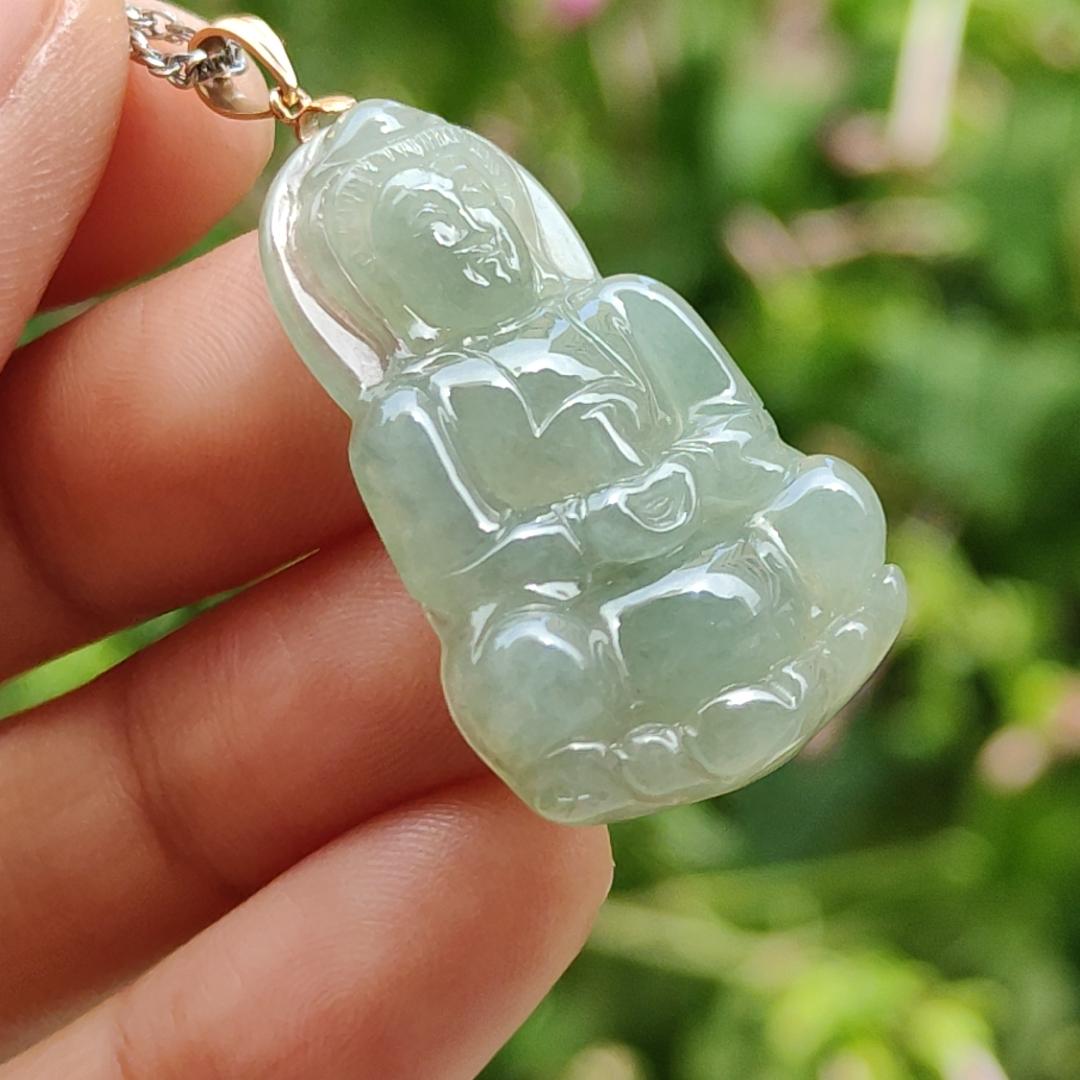 Light Green Good Translucent Natural Type A Jadeite Jade crafted with Guanyin 18k gold clasps as Pendant, certificate weighs 6.36 grams, measurement 32.2 * 21 * 5.8 mm (18kp49) Yi Pin Qian