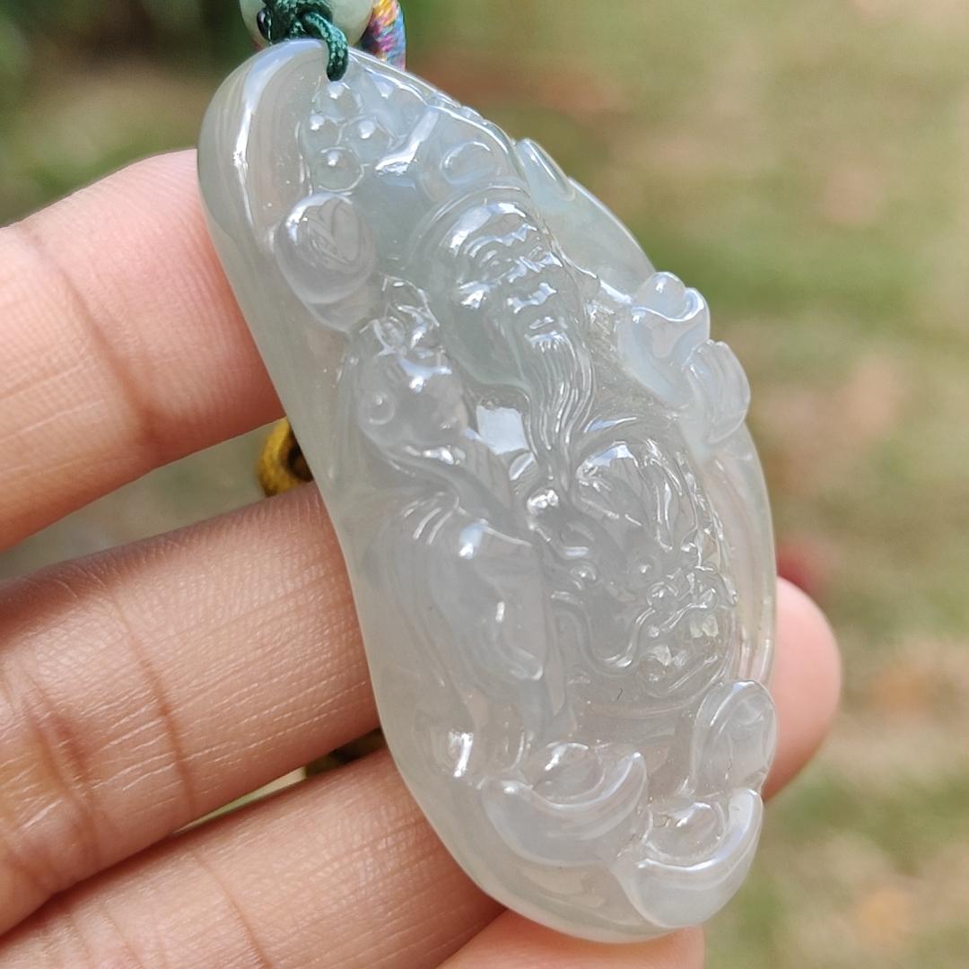 High Quality Icy Translucent Natural Type A Jadeite Jade crafted with God of Fortune as Pendant, certificate weighs 24.19 grams, measurement 48.8 * 27.3 * 10 mm (pendant274) Yi Pin Qian