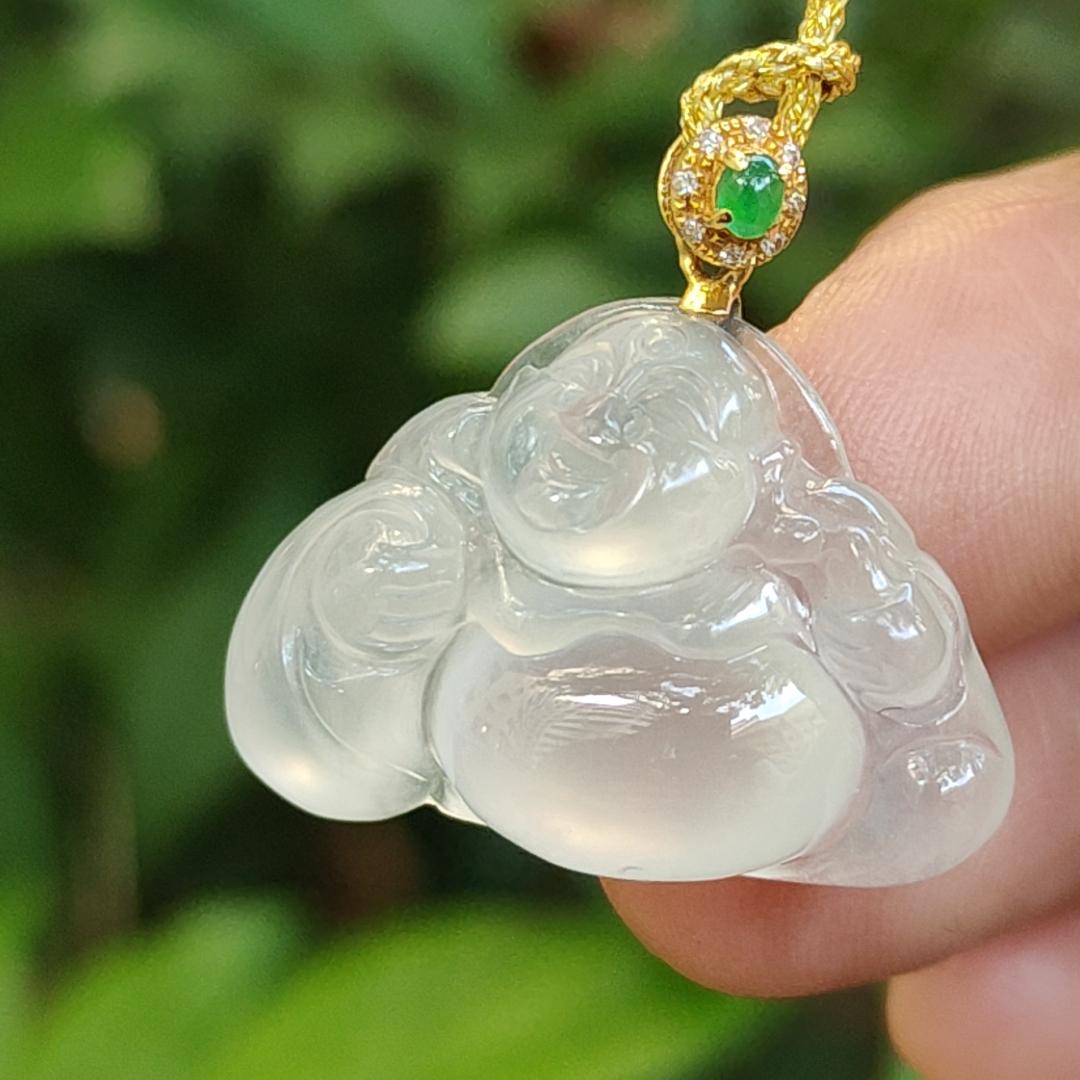 Burma Premium Quality Icy Translucent Natural Type A Jadeite Jade crafted as Milo Buddha, added 18k Gold Clasp as Pendant, certificate weighs 4.9 grams, measurement 18 * 25.1 * 7 mm (18kp69) Yi Pin Qian Jadeites Jade Jewelry ~Your Precious Quintessential ~ Singapore