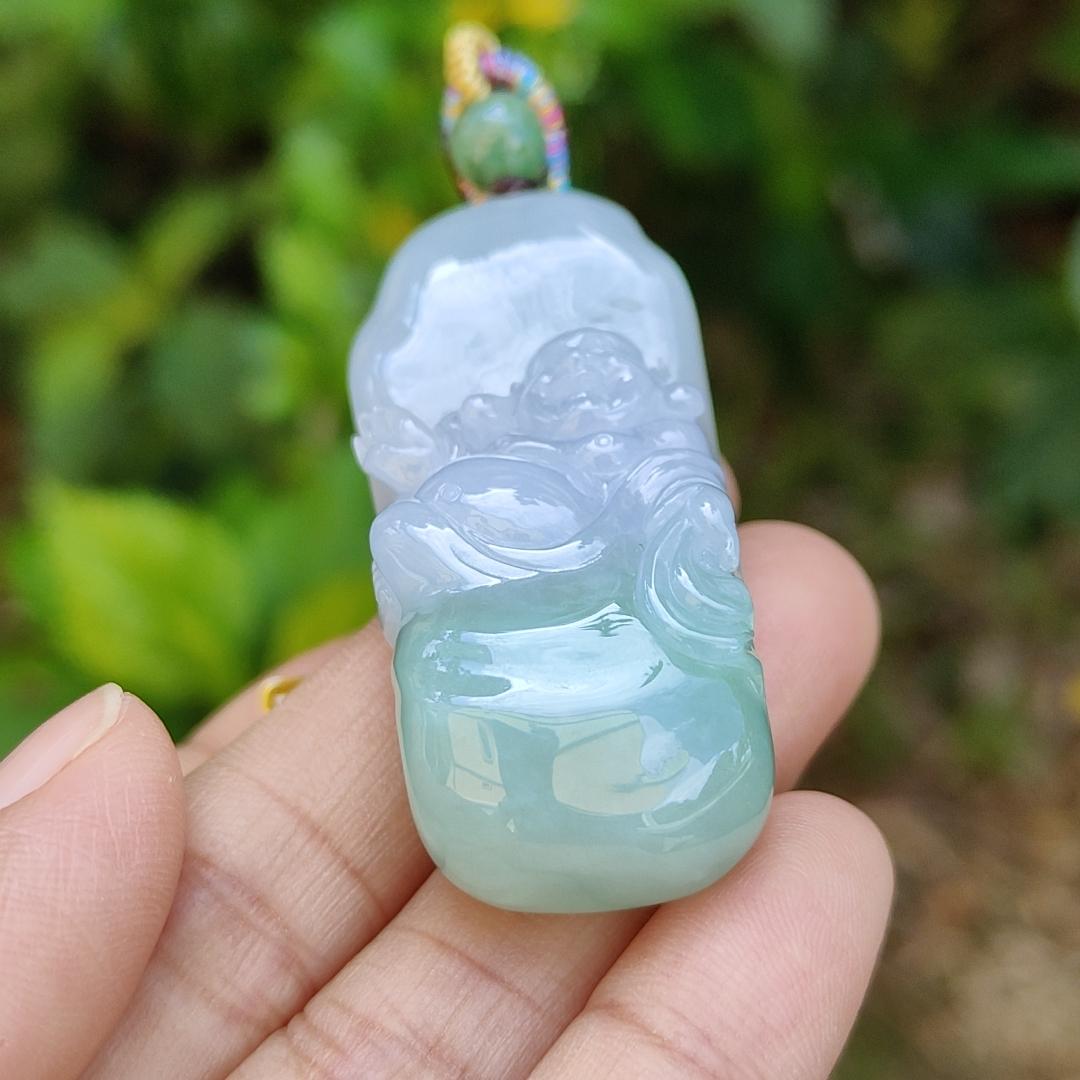 Lavender and Green Natural Type A Jadeite Pendant crafted with Milo Buddha represent Compassionate, tolerant, optimistic and open-minded with certificate weight 29.40 grams, 50.80 * 20.80 * 13.60 mm suitable for daily wear (pendant108) Yi Pin Qian