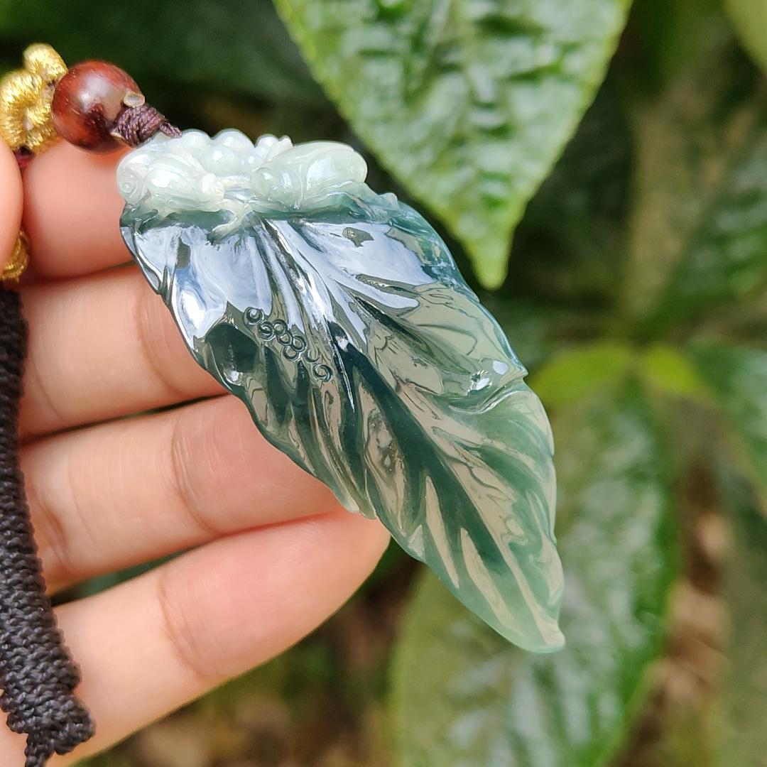 Bluish Dark Green Premium Quality Natural Type A Jadeite Pendant Necklace crafted as leaf with certificate weigh 12.98 grams, 57.7 * 24 * 8 mm, symbols of Great success and rising step by step, career is going smoothly (pendant164) Yi Pin Qian