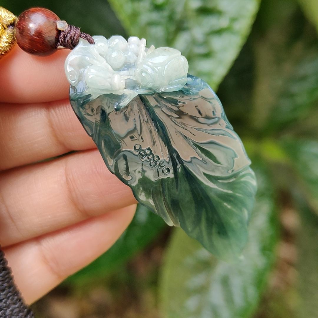 Bluish Dark Green Premium Quality Natural Type A Jadeite Pendant Necklace crafted as leaf with certificate weigh 12.98 grams, 57.7 * 24 * 8 mm, symbols of Great success and rising step by step, career is going smoothly (pendant164) Yi Pin Qian