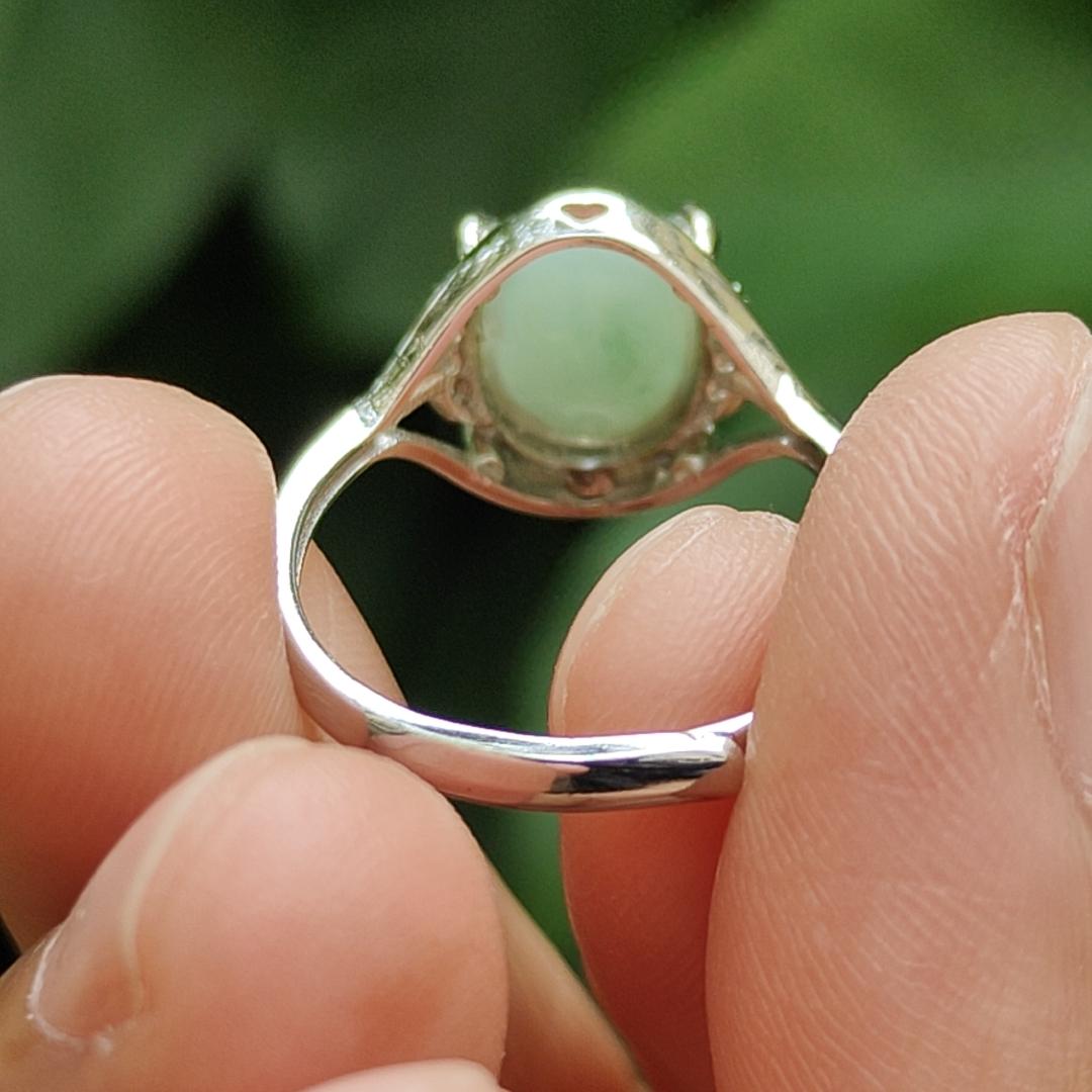 Crafted as Light Green Cabochon on Natural Type A Jadeite Jade set with S925 as Adjustable Ring certificate weighs 2.22 grams, measurement 10.3 * 8.9 * 3.4 mm (s924ring24) Yi Pin Qian Jadeites Jade Jewelry ~Your Precious Quintessential ~ Singapore
