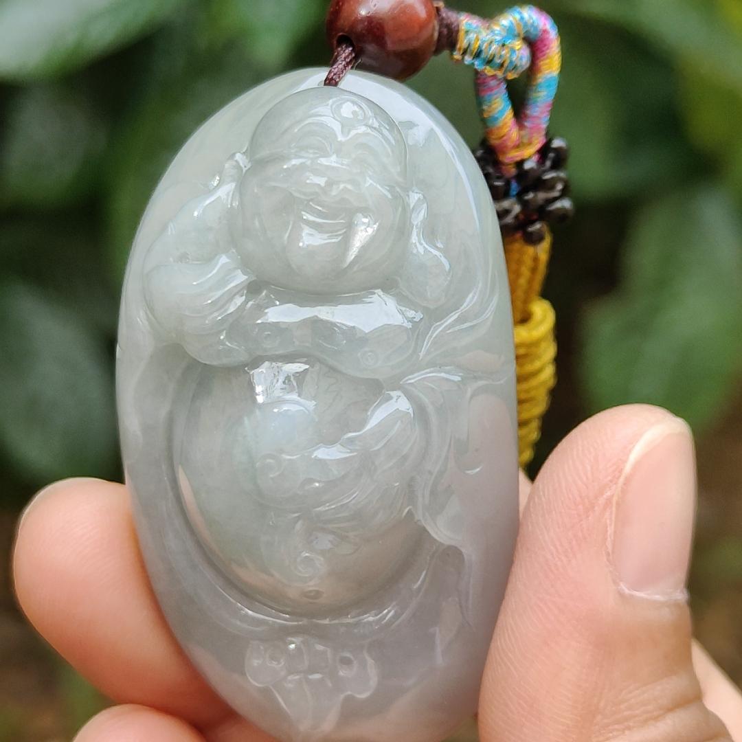 High Quality Light Green Hue Natural Type A Jadeite Jade crafted as Milo Buddha for Pendant, certificate weighs 44.34 grams, measurement 52.6 * 29.6 * 17.5 mm (pendant289) Yi Pin Qian