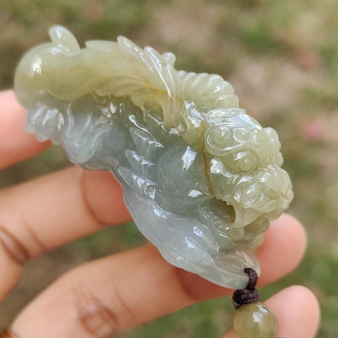 Authentic High Quality Light Green and Brown Natural Type-A Jadeite-Jade crafted as Pixiu for Pendant, certificate weighs 54.18 grams, measurement 56 * 25.2 * 26.2 mm (pendant303) Yi Pin Qian Jadeites Jade Jewelry ~Your Precious Quintessential ~ Singapore