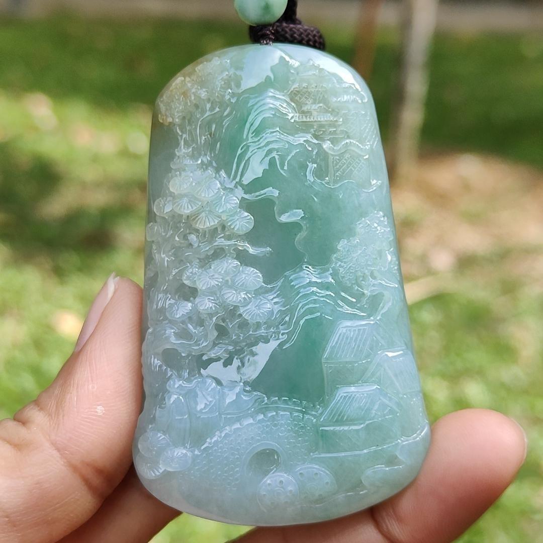 High Quality Light Green with Yellow Natural Type A Jadeite Jade crafted with sceneries as Pendant, certificate weighs 78.02 grams, measurement 66.1 * 40.5 * 13.3 mm (pendant280) Yi Pin Qian