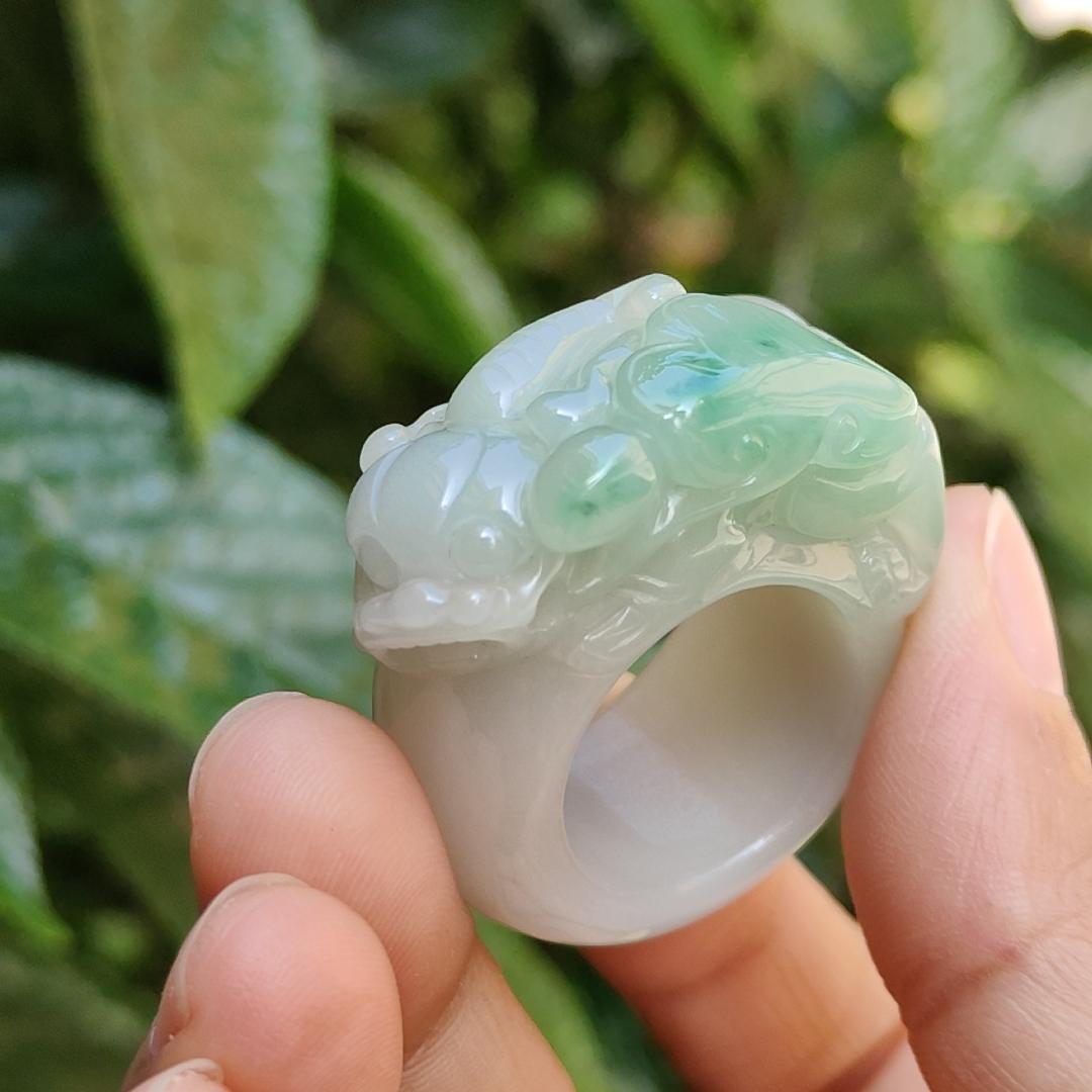 Rare Quality Light Green with White Natural Type A Jadeite Jade crafted with Pixiu and Ruyi as Ring, certificate weigh 31.97 grams, measurement 36.2 * 16 * 13, Finger size 19.5 mm (ring5) Yi Pin Qian