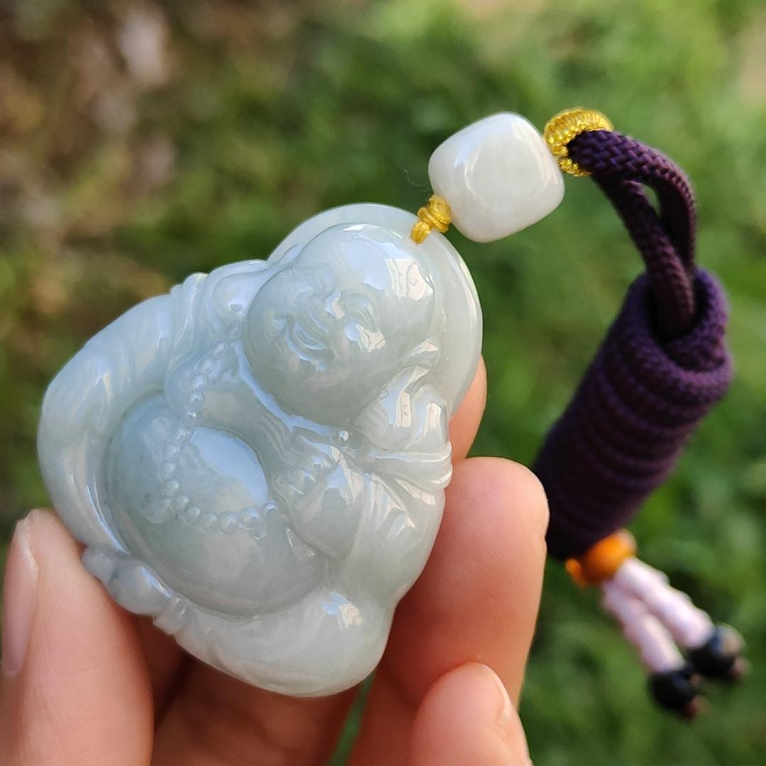 Light Green with green patches Natural Type A Jadeite Jade Pendant Necklace crafted as Laughing Buddha with certificate weigh 36.66 grams, 40.3 * 37.5 * 15 mm (pendant165) Yi Pin Qian