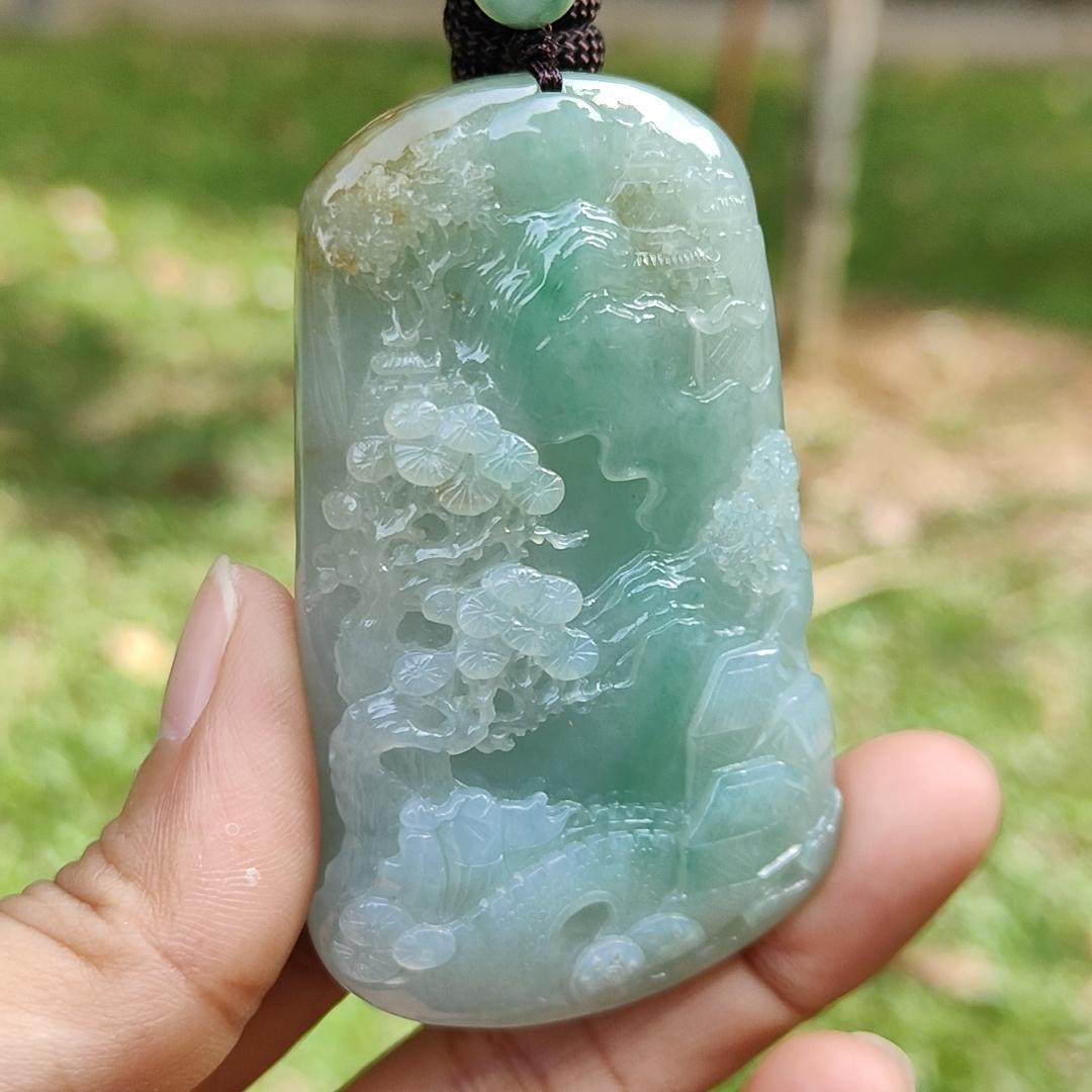 High Quality Light Green with Yellow Natural Type A Jadeite Jade crafted with sceneries as Pendant, certificate weighs 78.02 grams, measurement 66.1 * 40.5 * 13.3 mm (pendant280) Yi Pin Qian
