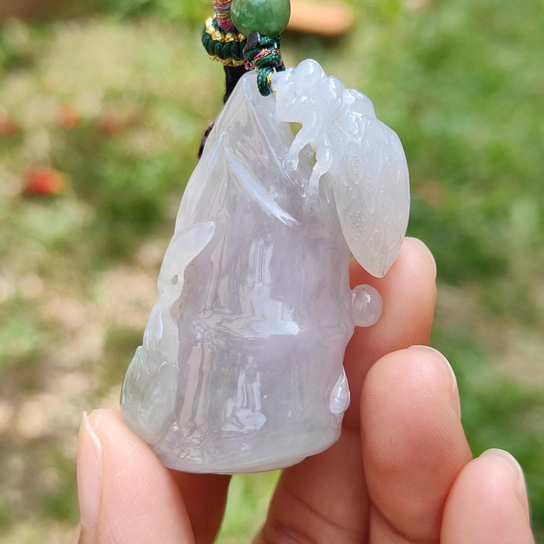 Lavender with little light green Natural Type A Jadeite Jade crafted as Bamboo and Bee as a Pendant, certificate weigh 33.64 grams, measurement 49.7 * 25.1 * 13.2 mm (pendant199) Yi Pin Qian