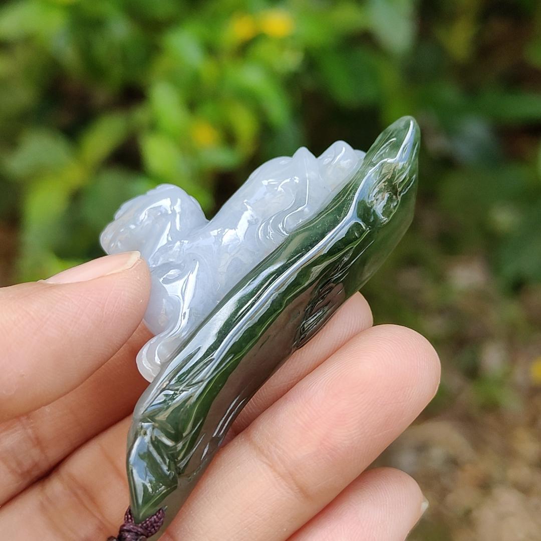 Lavender and Green Natural Type A Jadeite Handheld Piece crafted with Pixiu meaning rich, happiness and good luck with certificate weight 29.97 grams, 61.30 * 10.70 * 34.60 mm, also suitable for display anywhere at home, car or office (hand1) Yi Pin Qian