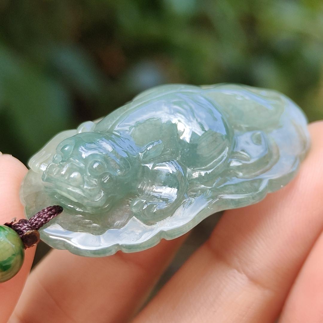 Green Natural Type A Jadeite Jade crafted with Pixiu as Pendant, certificate weighs 12.84 grams, measurement 40 * 23.8 * 10 mm (pendant251) Yi Pin Qian