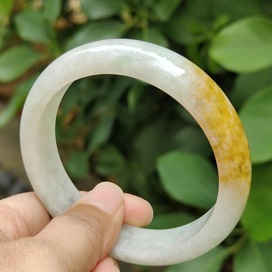 57.7 mm Crafted as Peace bangle on Burmese with light green hue and brown Natural Type A Jadeite Jade, certificate weighs 60.36 grams, Width 14mm, Thickness 7.5mm (bangle17) Yi Pin Qian Jadeites Jade Jewelry ~Your Precious Quintessential ~ Singapore