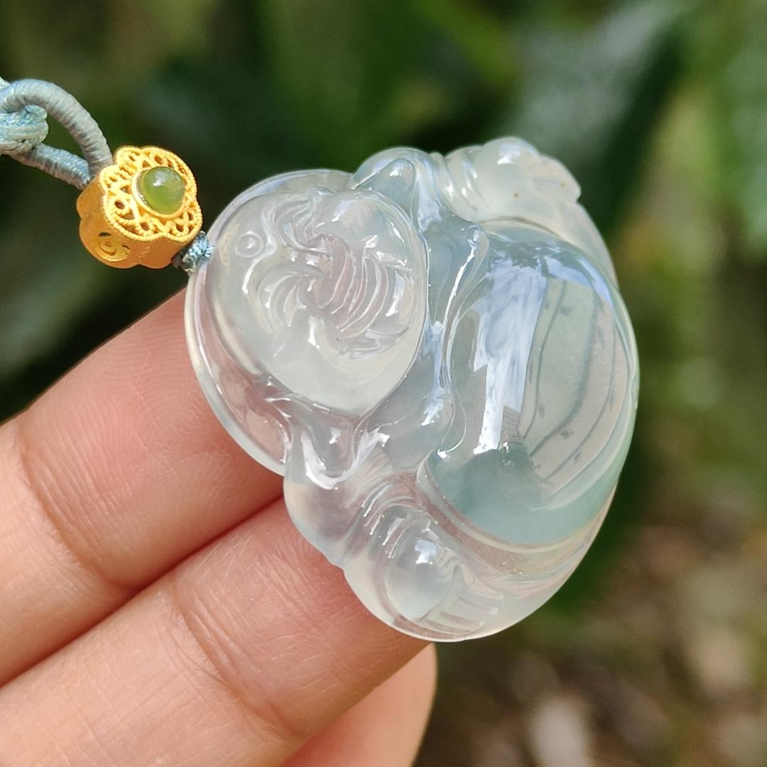 Old Pit Icy Bluish Green Natural Type A Jadeite Pendant Necklace crafted as Laughing Buddha with certificate weigh 13.48 grams, 27.7 * 31.6 * 7.2 mm (pendant162) Yi Pin Qian