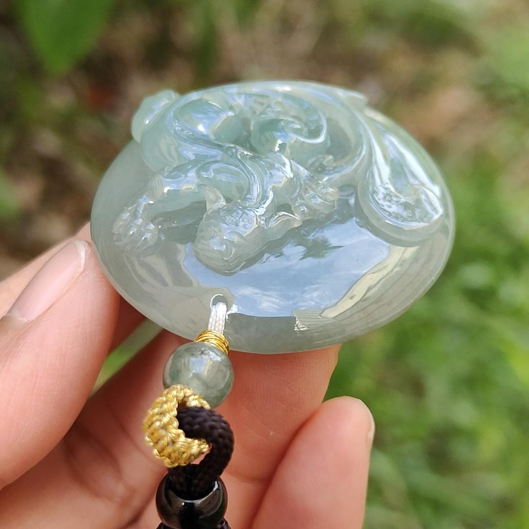 Premium Quality Light Green Natural Type A Jadeite Jade Pendant Necklace crafted with Old School Style Dragon, certificate included weigh 29.48 grams, measurement 42 * 42 * 11 (pendant174) Yi Pin Qian
