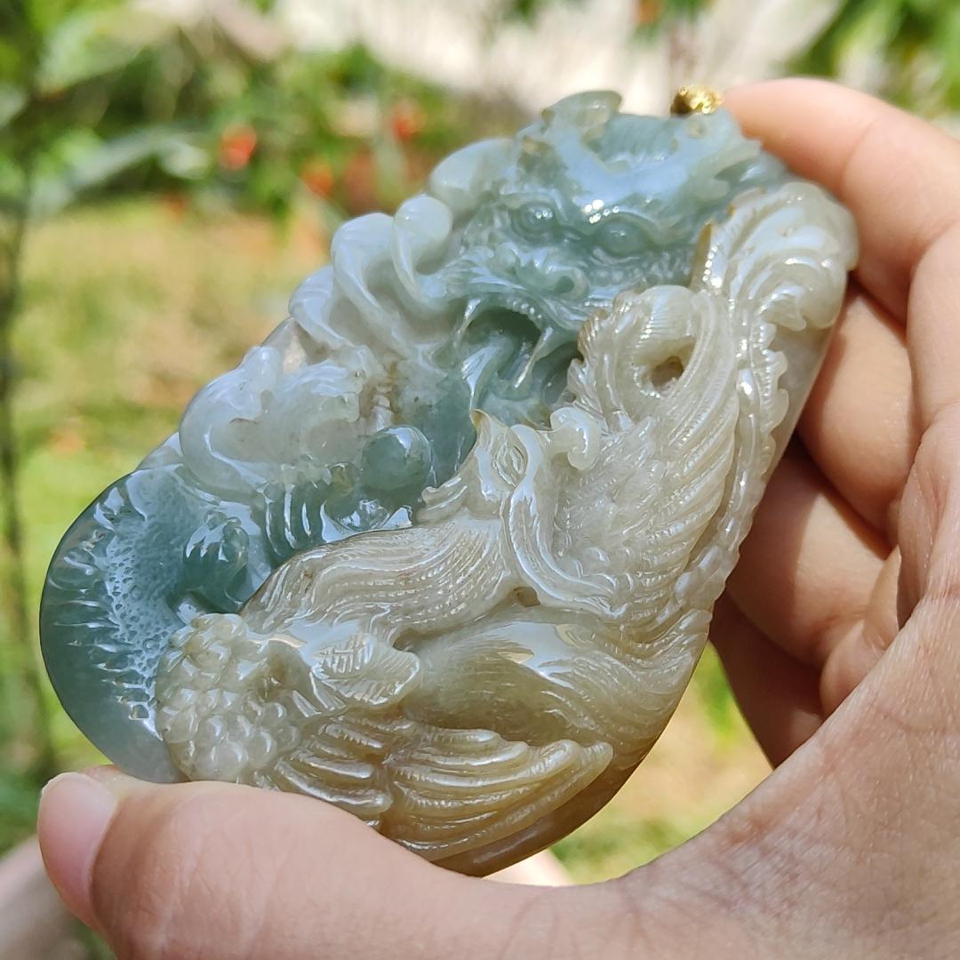 Light Green and Yellow Natural Type A Jadeite Jade Crafted with Dragon and Pheonix as Pendant, Certificate weigh 96.95 grams, measurement 90.2 * 55.7 * 11.5 mm (pendant222) Yi Pin Qian