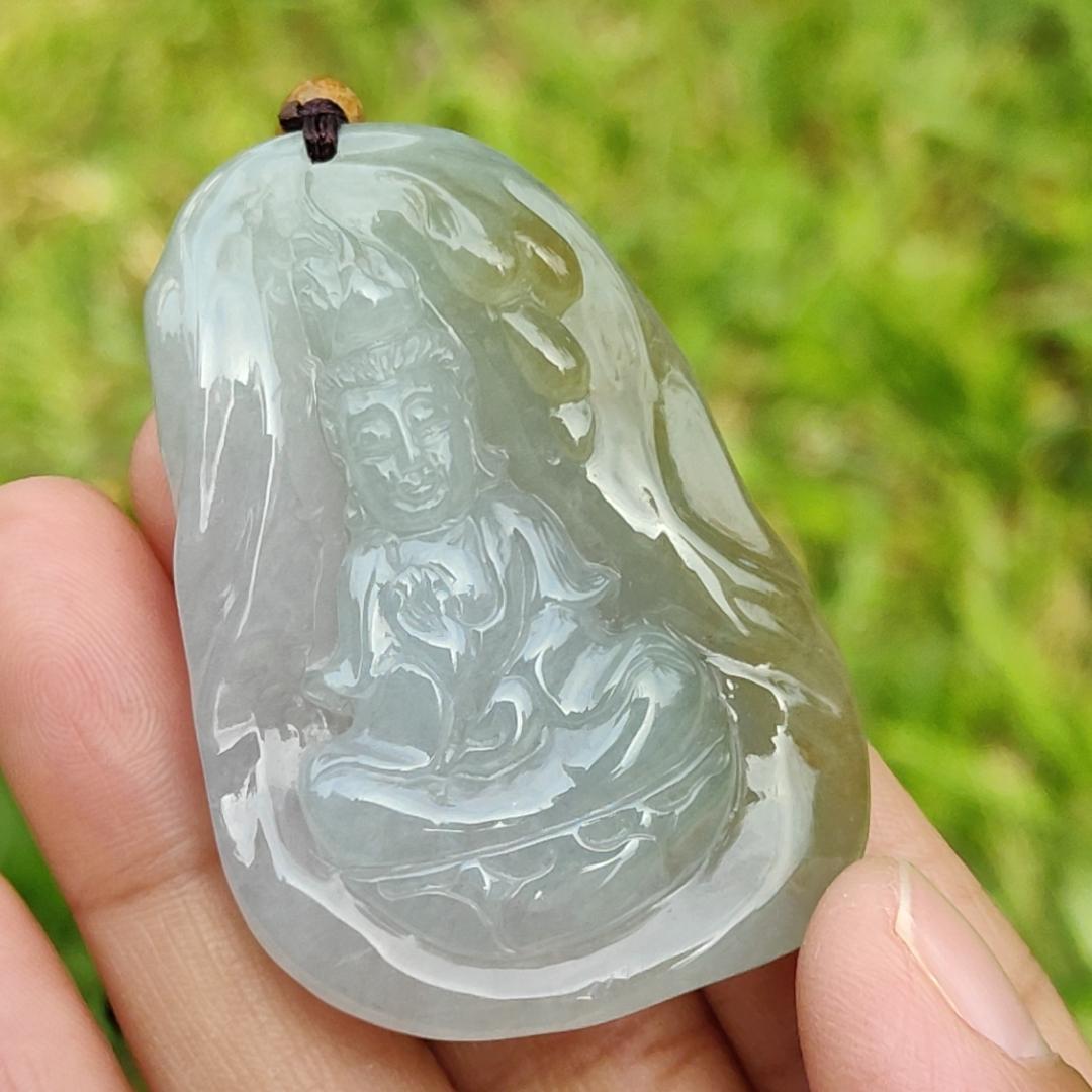 Light Green and Yellow Natural Type A Jadeite Jade Pendant Necklace crafted with Guanyin, certificate included weigh 34.84 grams, Measurement 52 * 35.9 * 11.1 mm (pendant176) Yi Pin Qian