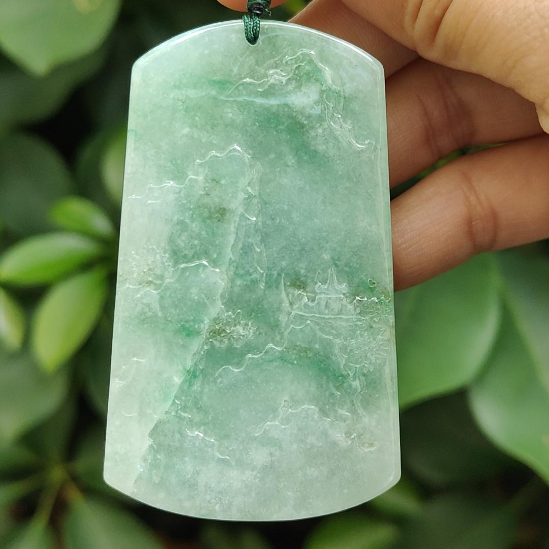Crafted with Sceneries Pendant on Light Green Natural Type A Jadeite Jade, certificate weighs 63.08 grams, measurement 68.5 * 41.1 * 10.7 mm (pendant350) Yi Pin Qian Jadeites Jade Jewelry ~Your Precious Quintessential ~ Singapore
