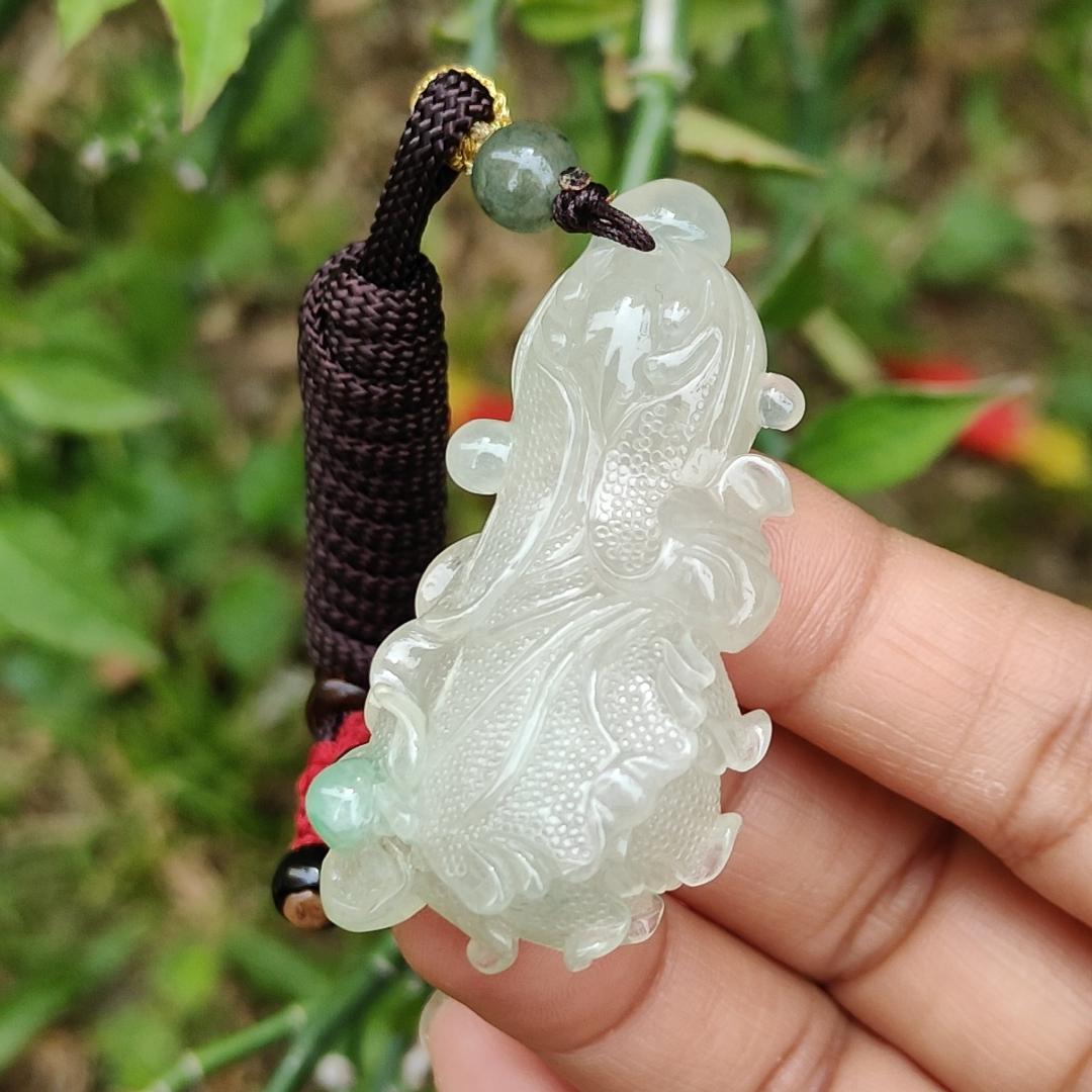 Icy Variety with good translucency and one patch of green crafted as the Chinese cabbage Natural Type A Jadeite Pendant Necklace with certificate weigh 22.88 grams, 51 * 26.3 * 13.8 mm, symbols of Harvest, auspiciousness, wealth and purity (pendant26) Yi Pin Qian