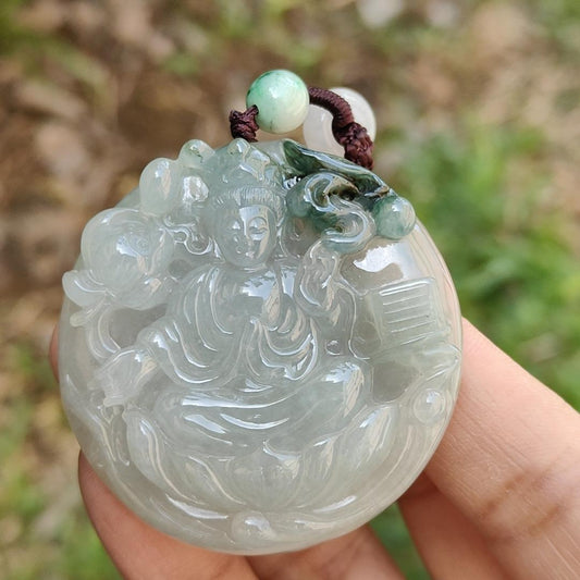 Light Green with Bluish Green Natural Type A Jadeite Pendant Necklace crafted with Guanyin Symbols of Peace, auspiciousness and longevity, certificate included weighs 36.23 grams, 45.8 * 45.8 * 9.1 mm, suitable for daily wear (pendant56) Yi Pin Qian
