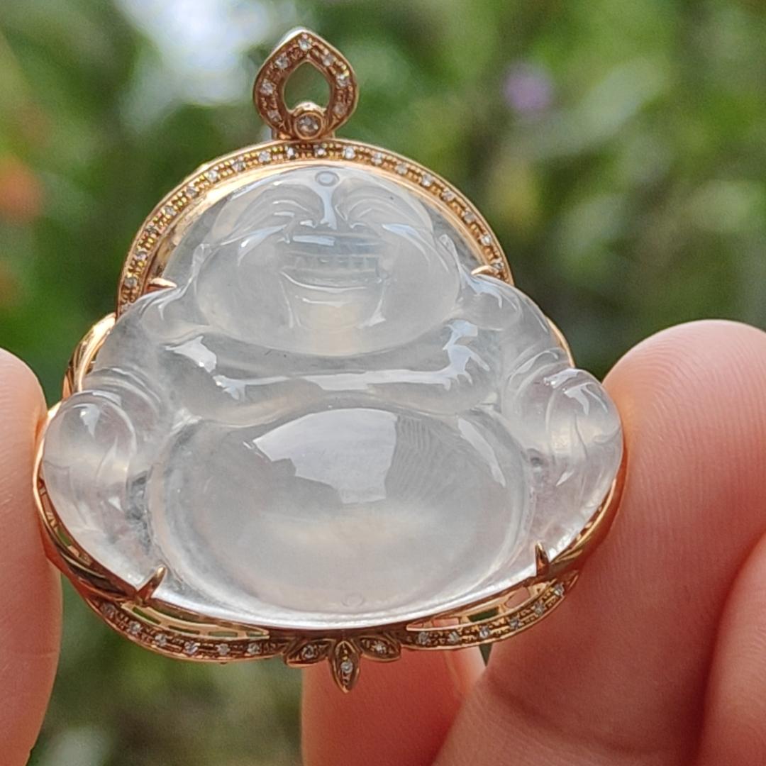 Icy Translucent Natural Type A Jadeite Jade crafted as Milo Buddha set on 18k gold with diamonds as Pendant Necklace, certificate included weigh 9.62 grams, 37.6 * 33.8 * 10.8 mm (18kp13) Yi Pin Qian