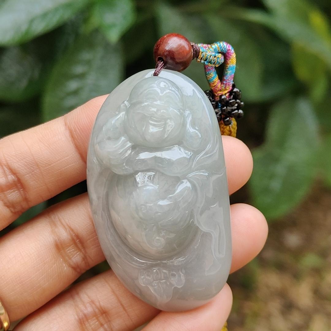 High Quality Light Green Hue Natural Type A Jadeite Jade crafted as Milo Buddha for Pendant, certificate weighs 44.34 grams, measurement 52.6 * 29.6 * 17.5 mm (pendant289) Yi Pin Qian