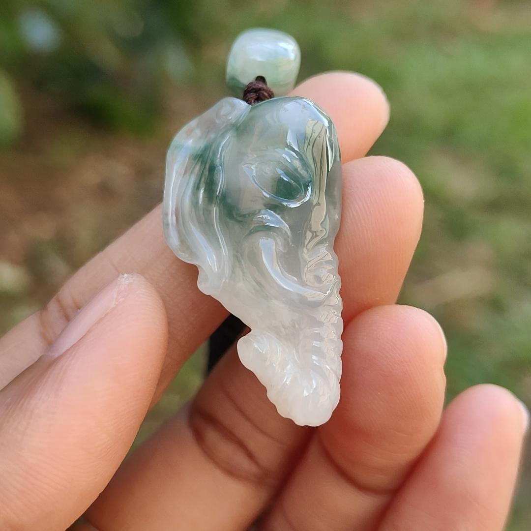 Very Rare Semi Icy Light Green Patches Natural Type A Jadeite Jade crafted with Elephant as Pendant, certificate weighs 8.63 grams, measurement 33 * 19.1 * 8.8 mm (pendant244) Yi Pin Qian