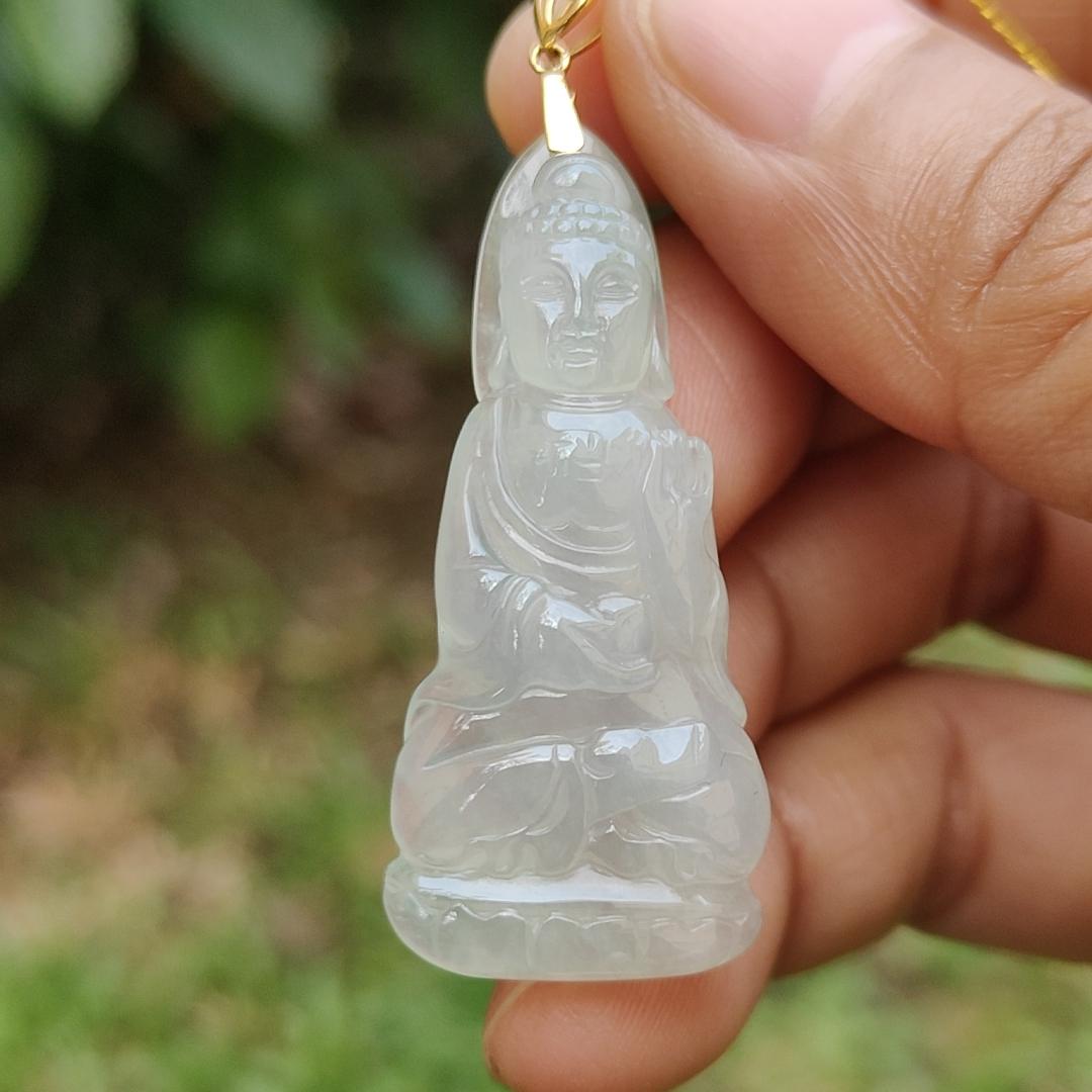 Icy Translucent Natural Type A Jadeite Jade crafted as Buddha with 18k gold clasp as Pendant, certificate weighs 6.78 grams, measurement 41.3 * 17.8 * 6.2 mm (18kp44) Yi Pin Qian