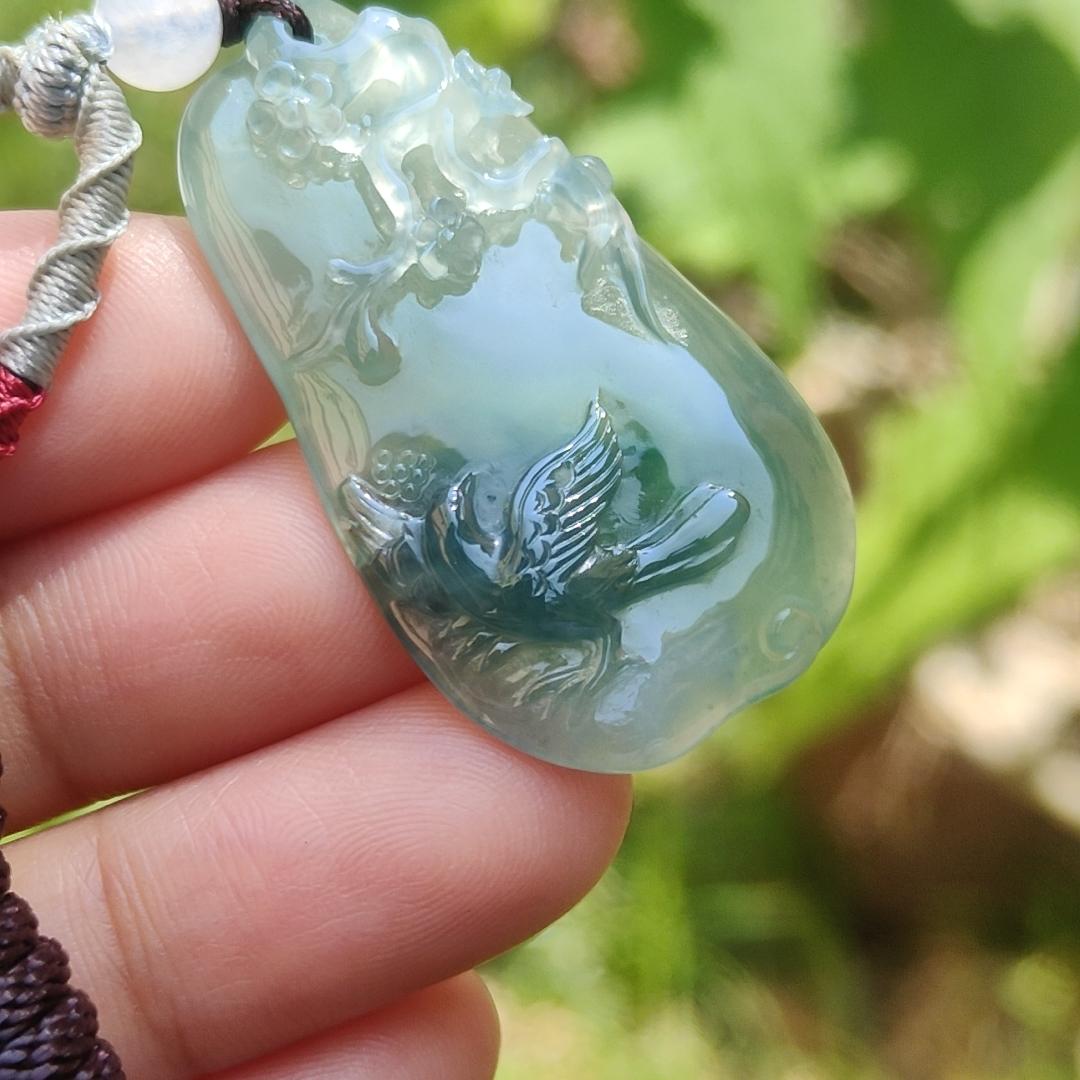 High Premium Quality Icy Green Natural Type A Jadeite Jade Pendant Necklace crafted with bird, flower and tree trunk, certificate included weigh 11.70 grams, measurement 40 * 23 * 6.3 mm (pendant187) Yi Pin Qian