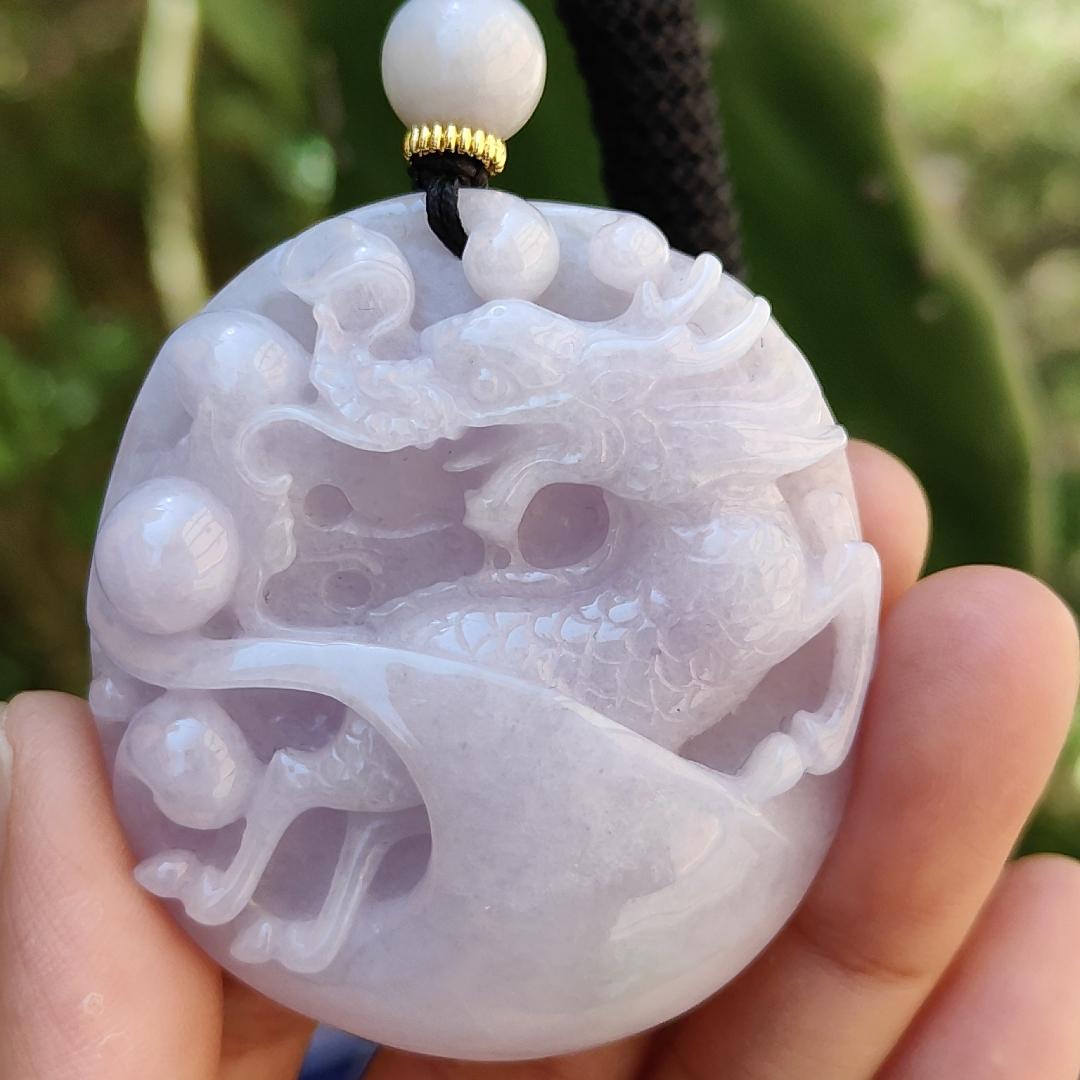 Light Lavender Qilin Natural Type A Jadeite Pendant with certificate weigh 51.04 grams, 51.3 * 46.6 * 12 mm, symbols of Auspicious, peaceful, and happy, suitable for daily wear (pendant62) Yi Pin Qian