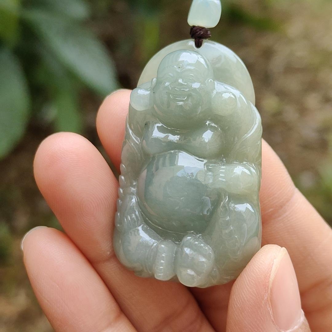 Light Green Natural Type A Jadeite Jade crafted with Milo Buddha as Pendant, certificate weighs 27.52grams, measurement 44.3 * 27.9 * 11.6 mm (pendant248) Yi Pin Qian