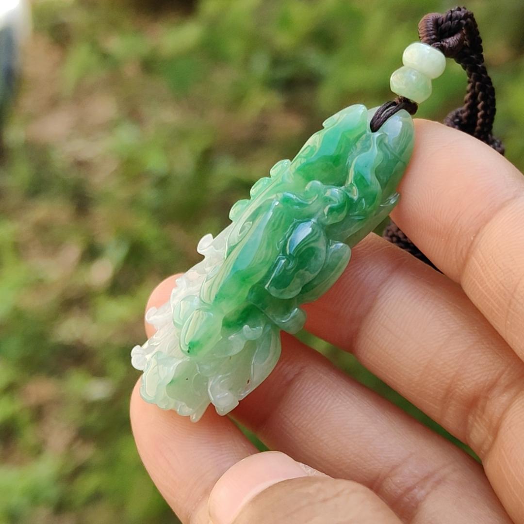 Lots Of Green on this Natural Type A Jadeite Pendant Necklace Crafted as Chinese Cabbage with Ruyi, Symbols of Wealth rolling in, good luck and prosperity, certificate included weigh 15.27 grams, 47.9 * 19.6 * 14.8 mm, (pendant30) Yi Pin Qian