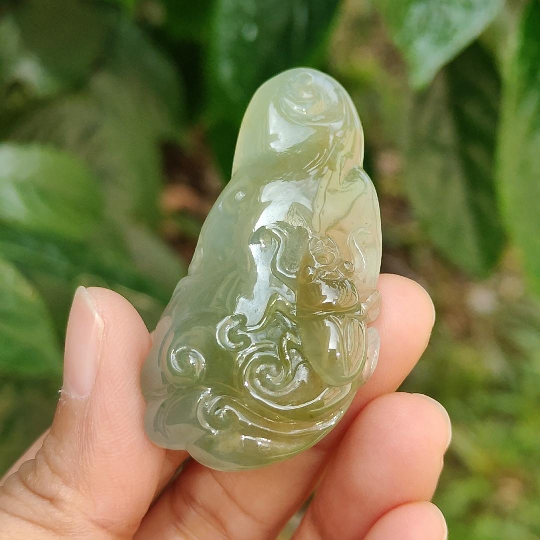 Green and Yellow Natural Type A Jadeite Pendant Necklace Crafted with Ruyi and Beetle, certificate included weigh 23.25 grams, 52.3 * 29 * 9.9 mm, symbols of A steady flow of wealth, protection from danger, safety and health (pendant163) Yi Pin Qian