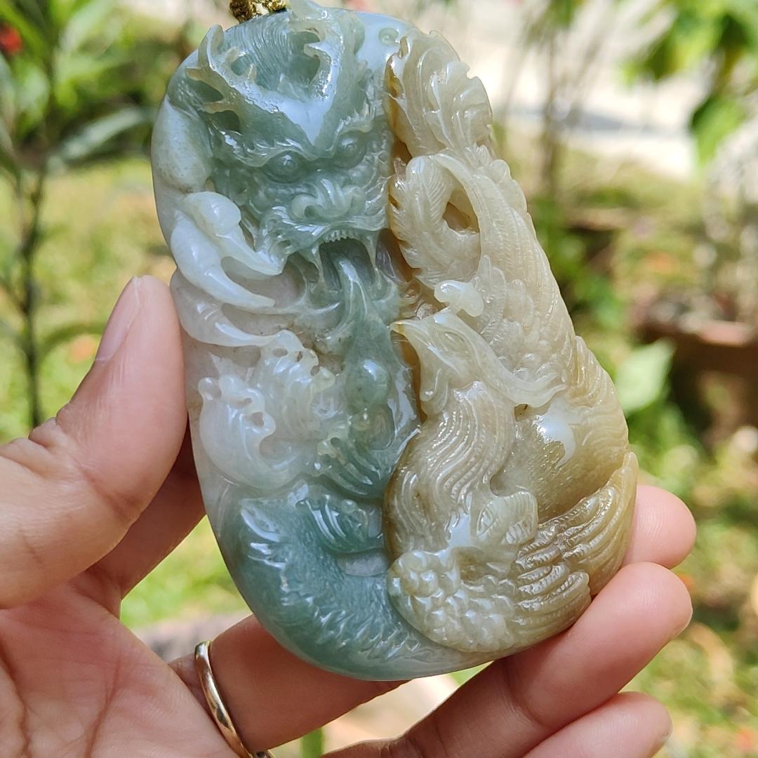 Light Green and Yellow Natural Type A Jadeite Jade Crafted with Dragon and Pheonix as Pendant, Certificate weigh 96.95 grams, measurement 90.2 * 55.7 * 11.5 mm (pendant222) Yi Pin Qian