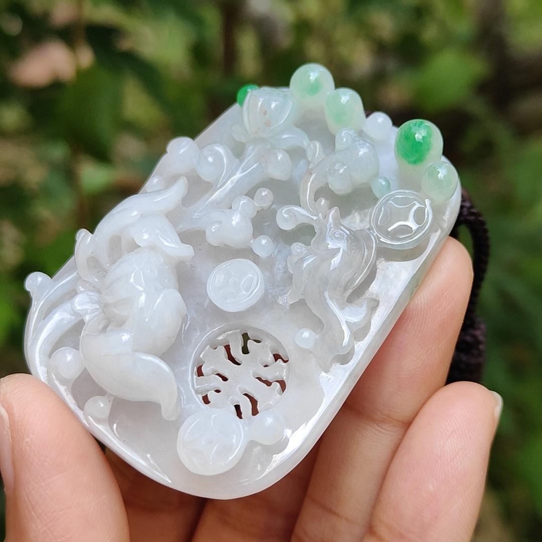 Old school hollow style Green and White Natural Type A Jadeite Jade crafted with flowers and coins as a pendant necklace with certificate weigh 41.56 grams, measurement 56.3 * 43.2 * 11.8 mm (pendant204) Yi Pin Qian